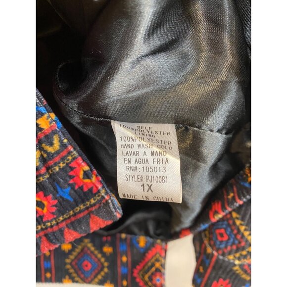 Savanna Jane Maisie Black Multi Colored Aztec Patterned Corduroy Jacket Size 1X - Picture 8 of 8